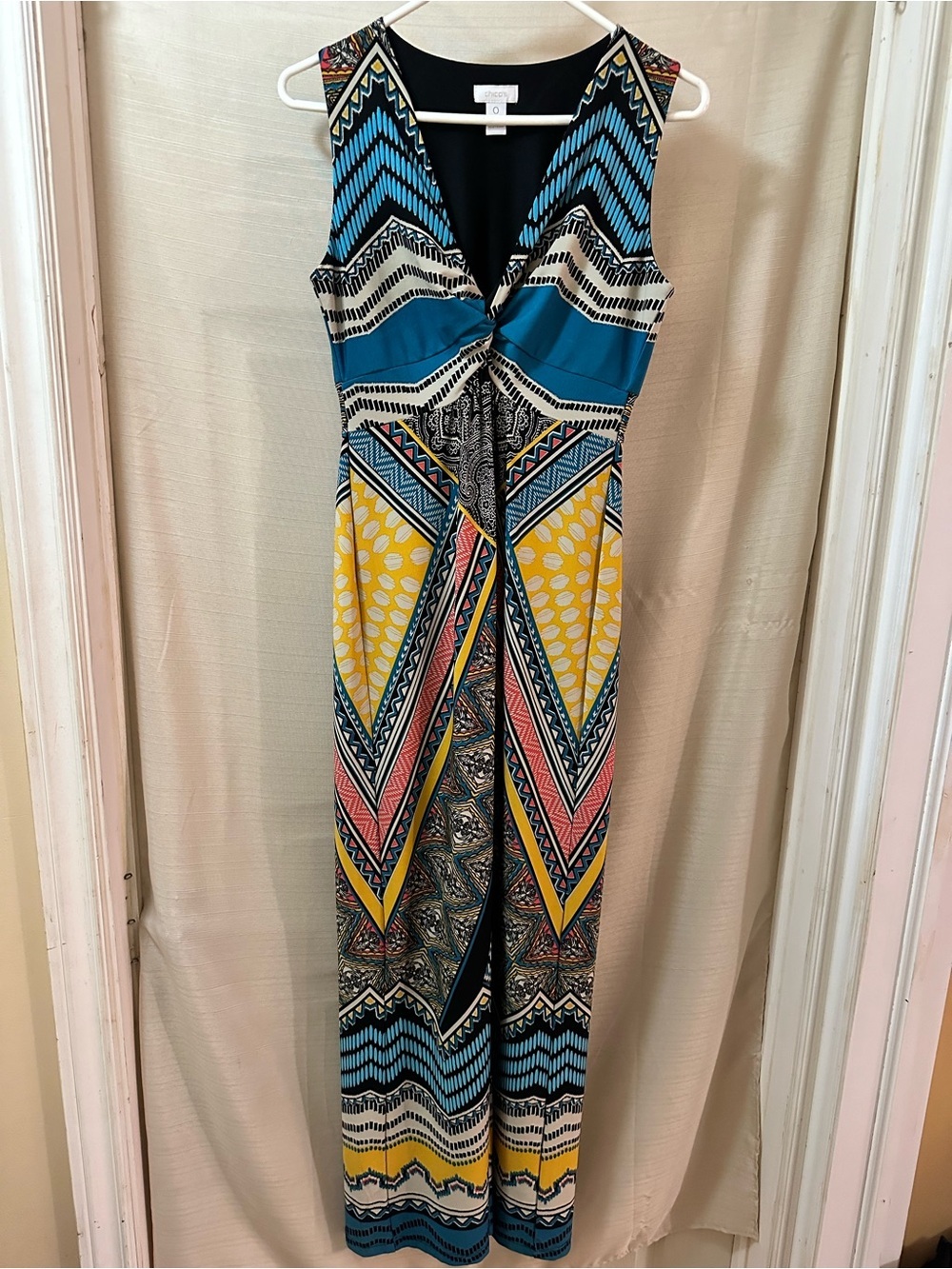 Chico’s Geometric Abstract Maxi Dress Twist Front Sleeveless Boho Size S